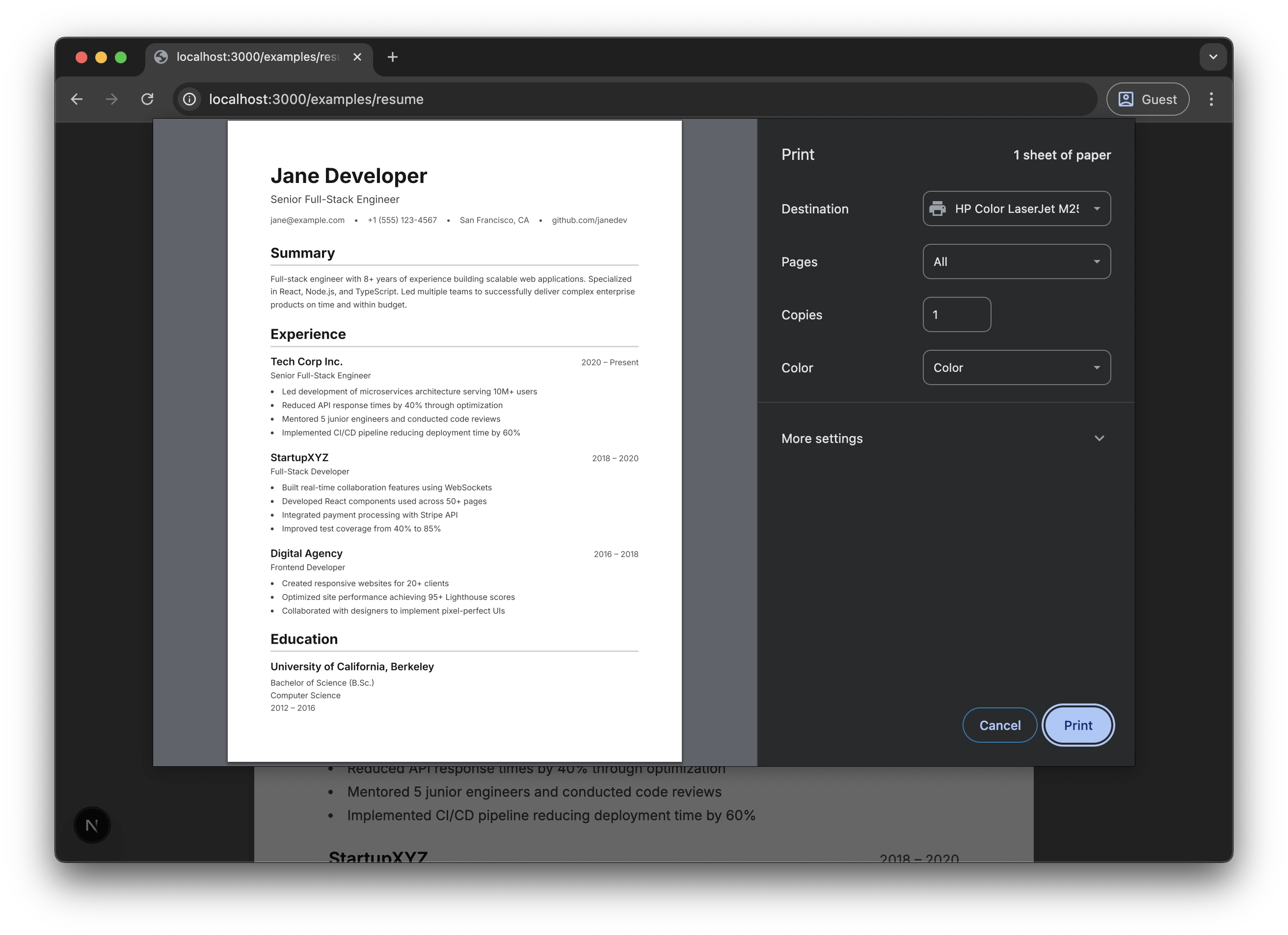 Print Preview of HTML Resume - Page 1